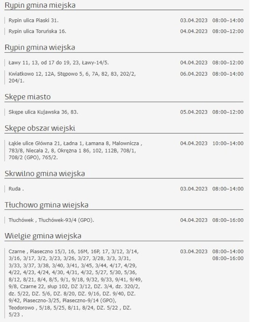 Tu nie będzie prądu w Kujawsko-Pomorskiem [miasta, gminy - 5.04.2023]