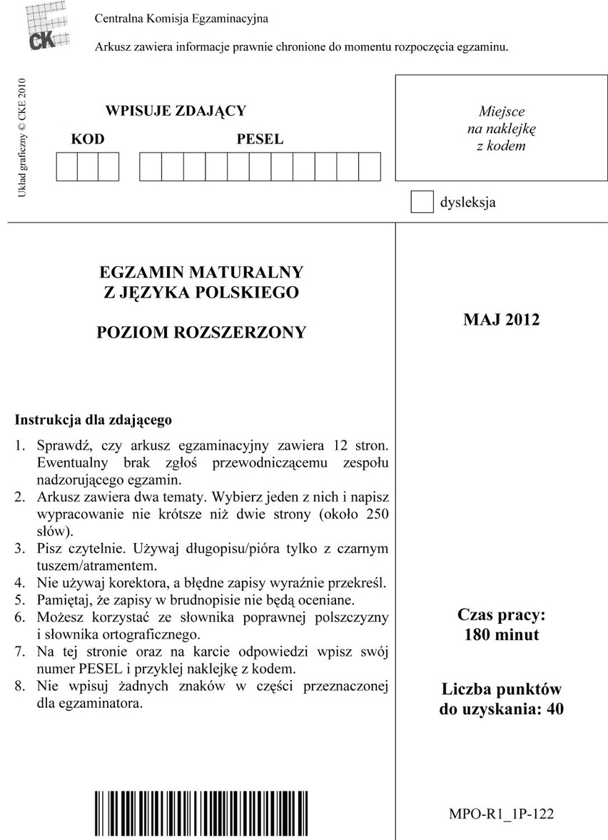 Matura 2012 : język polski, poziom rozszerzony [ARKUSZE]