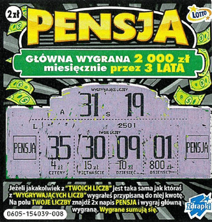 Główna wygrana w zdrapce Pensja w grach Lotto we Włocławku. Tyle co miesiąc dostawać będzie szczęśliwiec