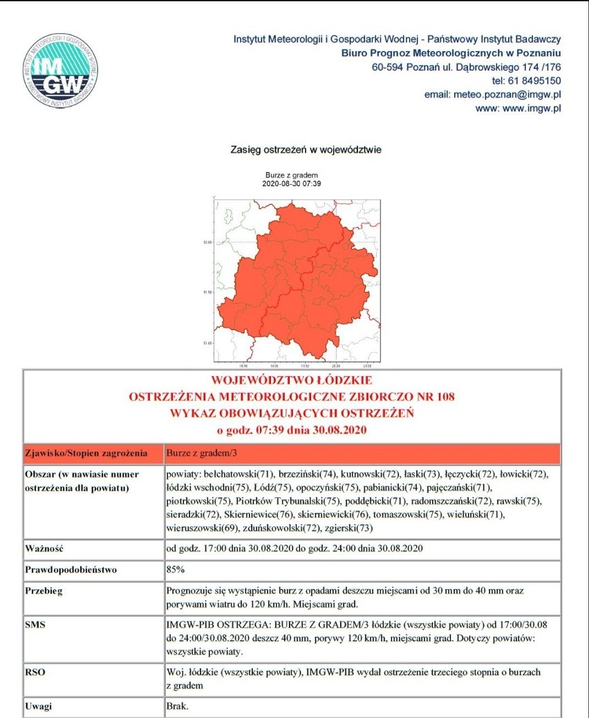 Burzowa, ale spokojna noc w powiecie tomaszowskim. Czerwone ostrzeżenie meteo na niedzielne popołudnie