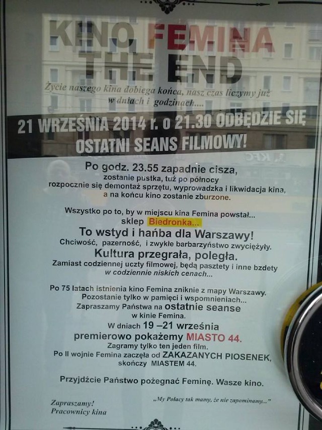 Kino Femina pożegna się z nami "Miastem 44"