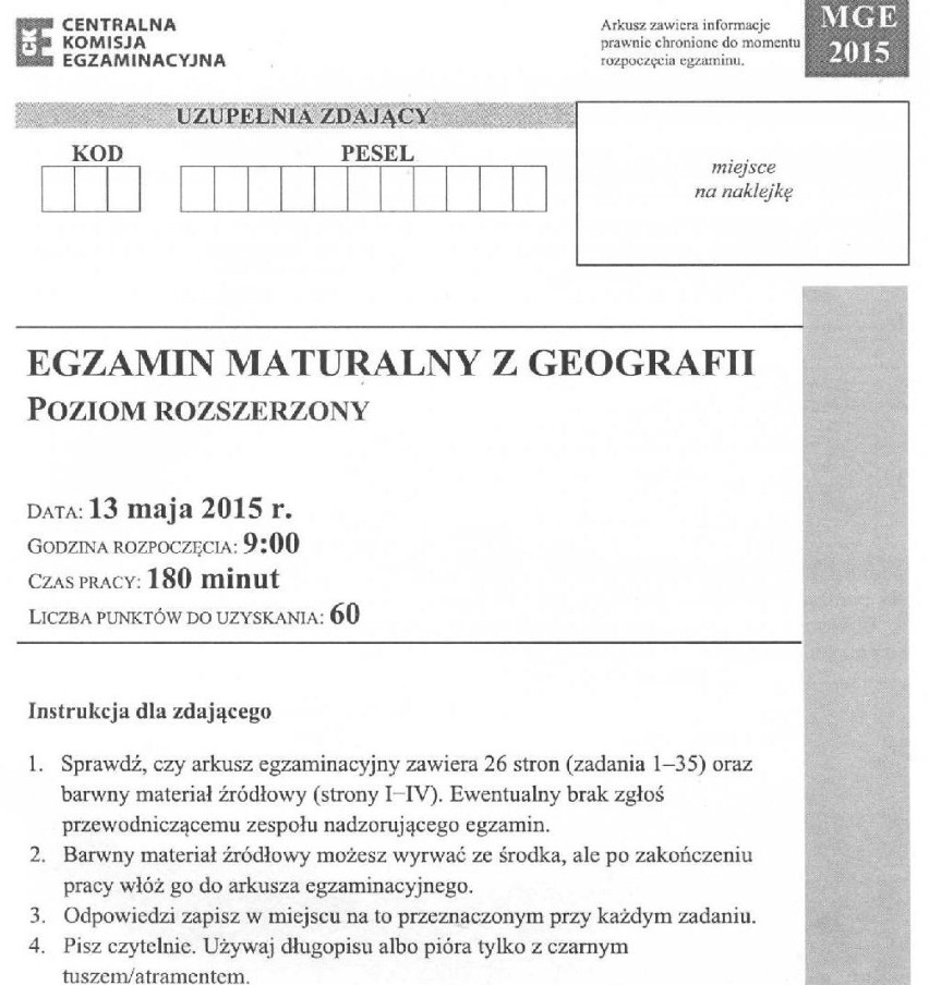 Matura 2015 geografia: ARKUSZE, ODPOWIEDZI [poziom...