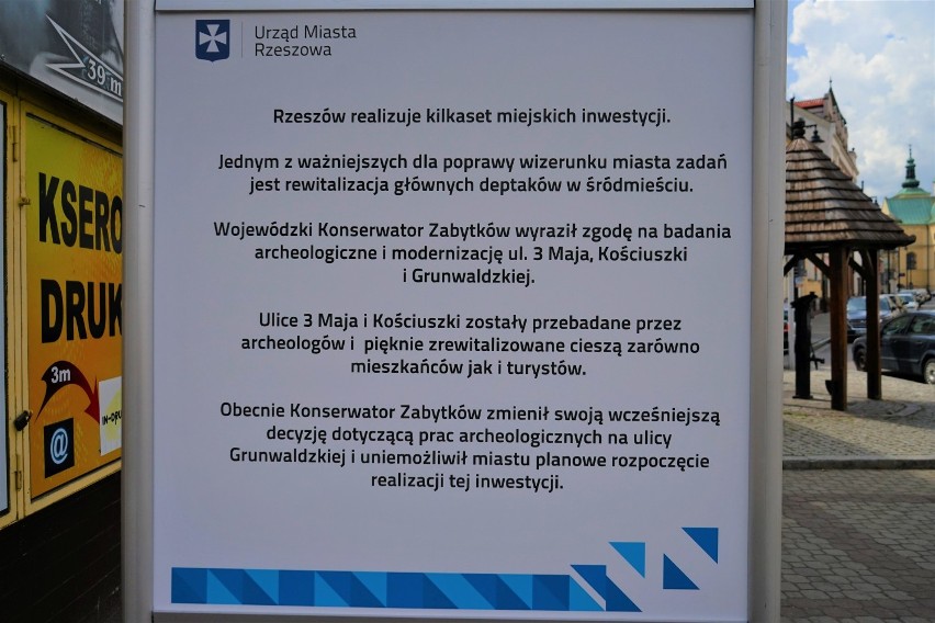 Remont Grunwaldzkiej w Rzeszowie opóźniony. Powstała tablica "obwiniająca" za to konserwatora zabytków