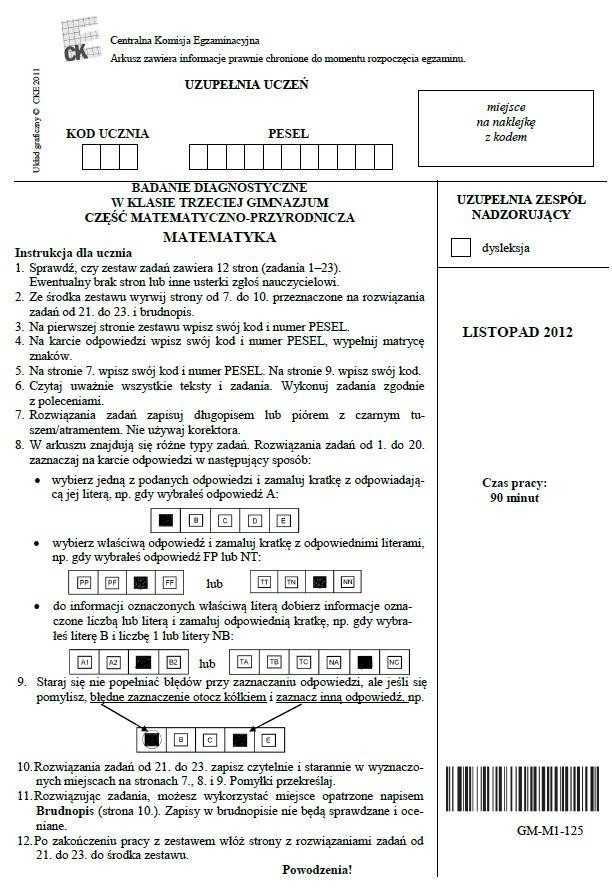 Wielkopolska: Próbny egzamin gimnazjalny z matematyki [ARKUSZE, ODPOWIEDZI]