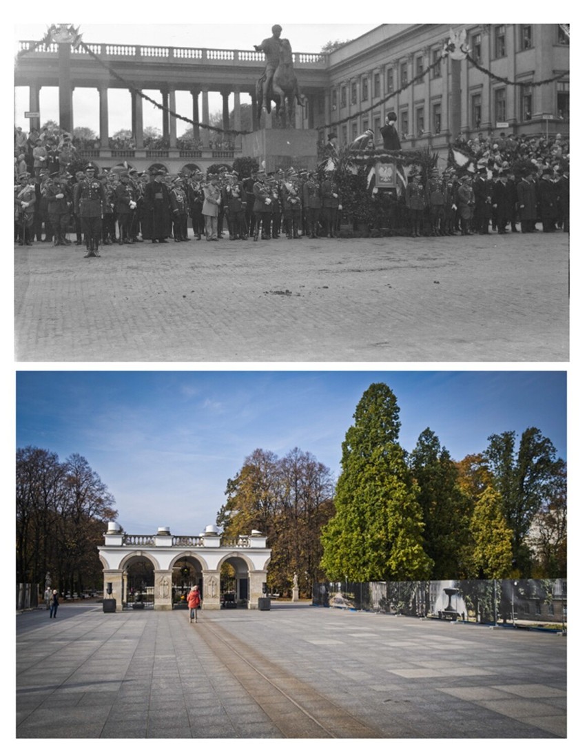 Zestawienie zdjęć z tego, jak Pałac Saski wyglądał kiedyś,...
