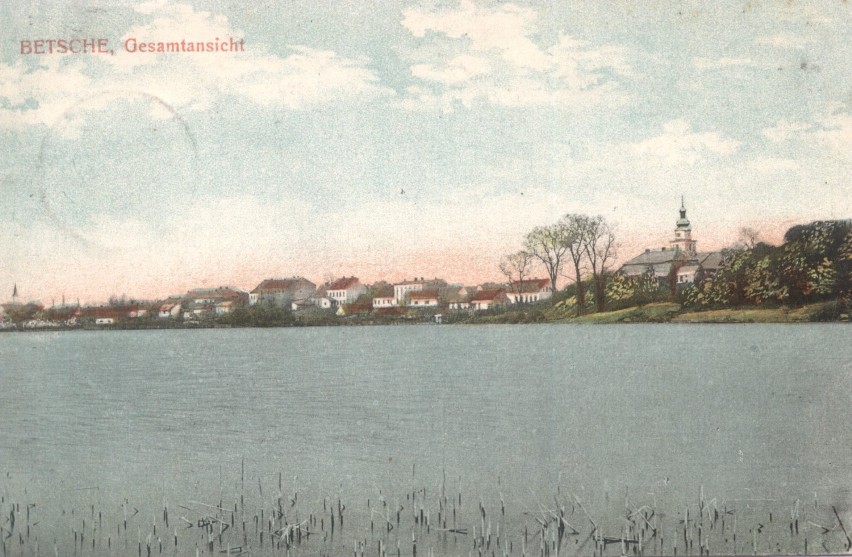 Widok na Pszczew od strony jeziora, pocztówka pocz. XX w.