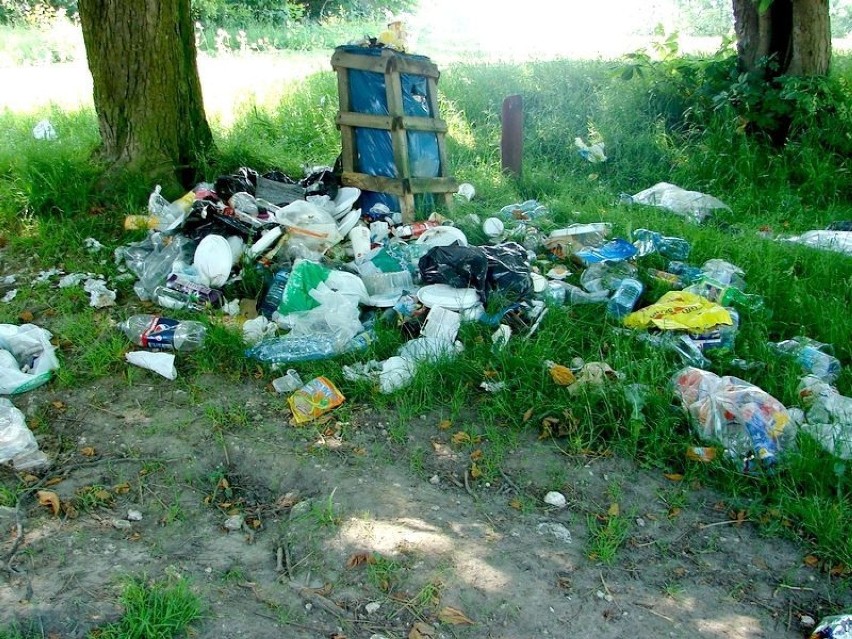 Smoleń - Przesypujące się z kosza odpady komunalne