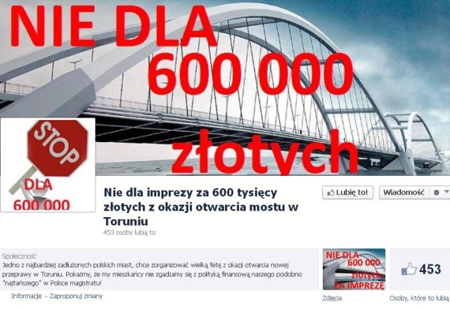 Screen ze strony "Nie dla imprezy za 600 tysięcy złotych z okazji otwarcia mostu w Toruniu"