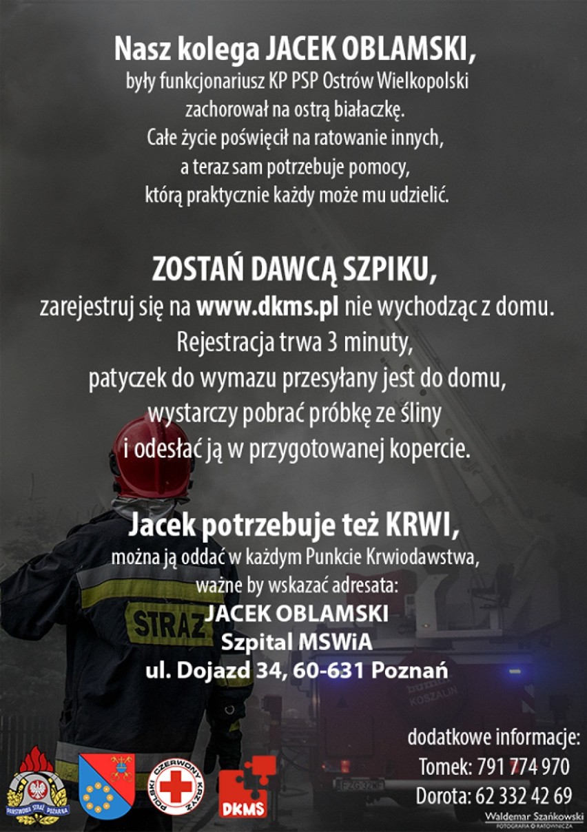 Strażak z PSP Ostrów Wielkopolski zachorował na ostrą białaczkę. Koledzy proszą o pomoc