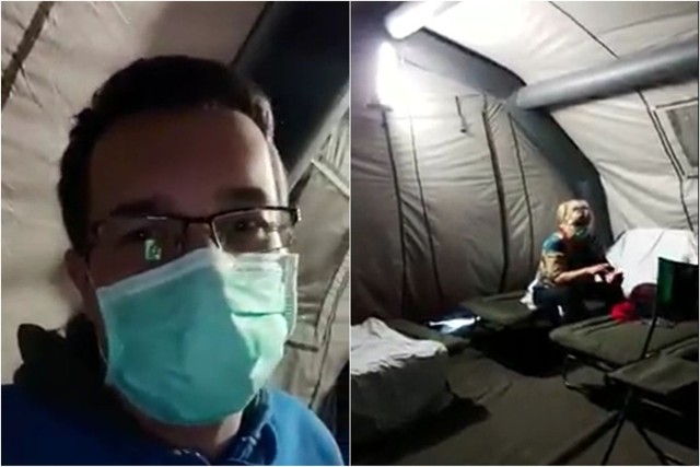 Na filmie z namiotu pod szpitalem zakaźnym widzimy dwie osoby czekające na pomoc od 5-6 godzin