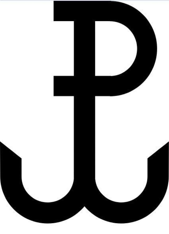 Znak Polski Wałczącej. Symbol w kształcie kotwicy, kt&oacute;rej człon w kształcie litery P symbolizuje Polskę, a ramiona literę W - walkę lub &quot;kotwicę&quot; - symbol nadziei na odzyskanie niepodległości.