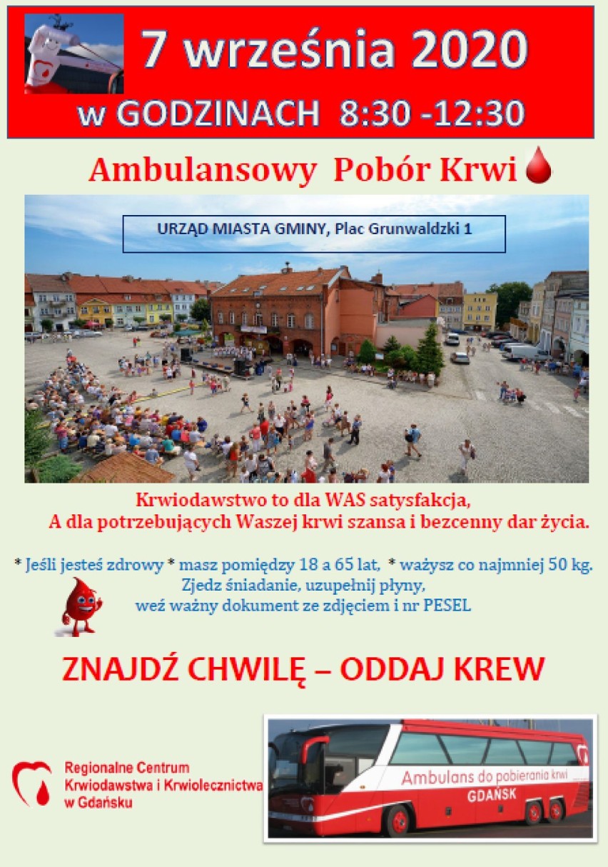 Ambulansowy pobór krwi dziś - 7.09.2020 r. - w Gniewie - podaruj życie