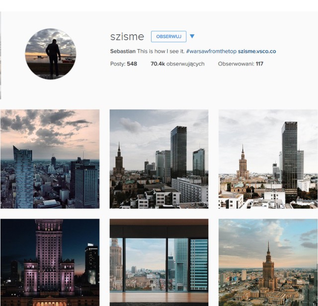 Sebastian na swoim profilu umieszcza zdjęcia Warszawy niemalże z lotu ptaka. Do takiej "dachowej", pięknej perspektywy na miasto dostęp ma niewielu, dlatego tym bardziej warto zobaczyć te trafiające w punkt fotografie.