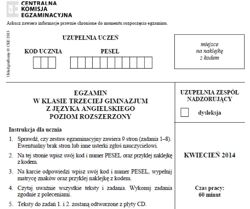 TESTY GIMNAZJALNE 2014 z CKE - JĘZYK OBCY, JĘZYK ANGIELSKI...