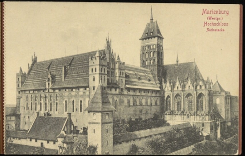 Zamek w Malborku i Stare Miasto na starych pocztówkach. Na takich kartkach ludzie słali sobie pozdrowienia w pierwszych dekadach XX wieku