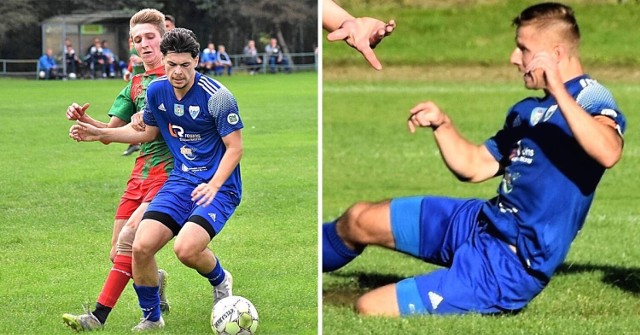 Półfinał Pucharu Polski w oświęcimskim podokręgu: LKS Gorzów - Unia Oświęcim 0:7. Na zdjęciu: Jakub Snadny, autor pięciu goli dla oświęcimian (z prawej). Igor Pawela, jeden z ośmiu młodzieżowców Unii podczas meczu w Gorzowie.