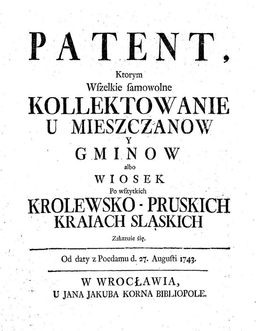 Pruski patent wydany w 1743 roku w języku polskim we...