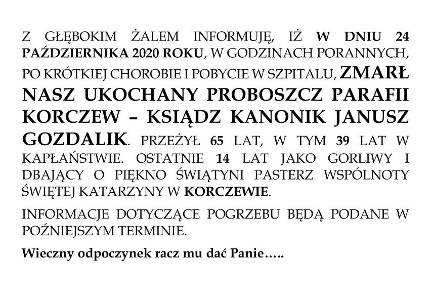 Zmarł proboszcz z Korczewa. Ks. Janusz Gozdalik był zakażony koronawirusem