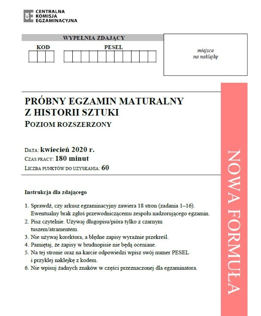 Matura próbna 2020 historia sztuki. Arkusz CKE. Test online 3.04.2020 