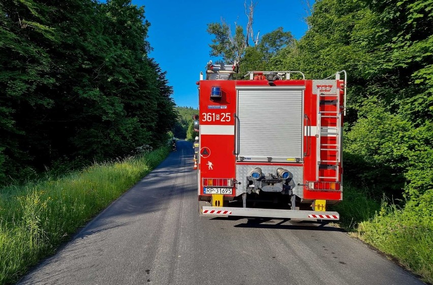 Wypadek dźwigu na drodze w Makowej w powiecie przemyskim. Pojazd przewrócił się do rowu [ZDJĘCIA]