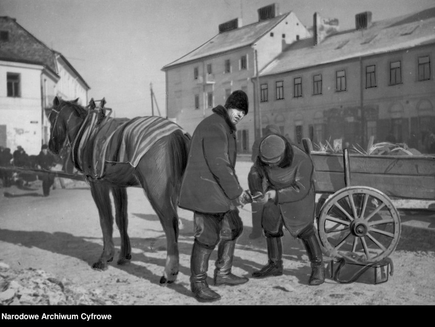 Obwoźny kowal podkuwa konia. Data: 1941