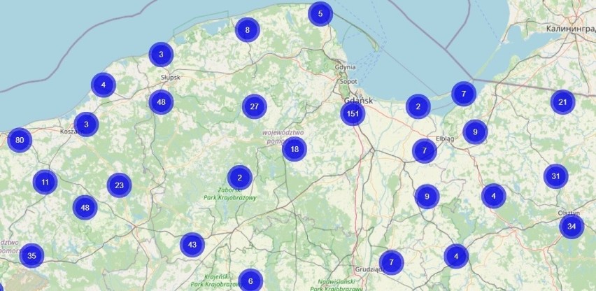 Mapa występowania barszczu Sosnowskiego na Pomorzu.