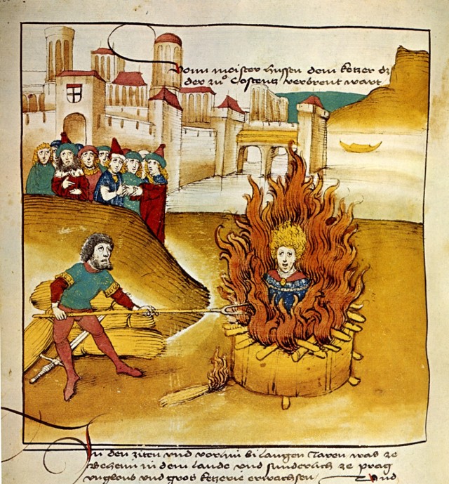 Spalenie Jana Husa na stosie na soborze w Konstancji (Spiezer Chronik, 1485 rok)