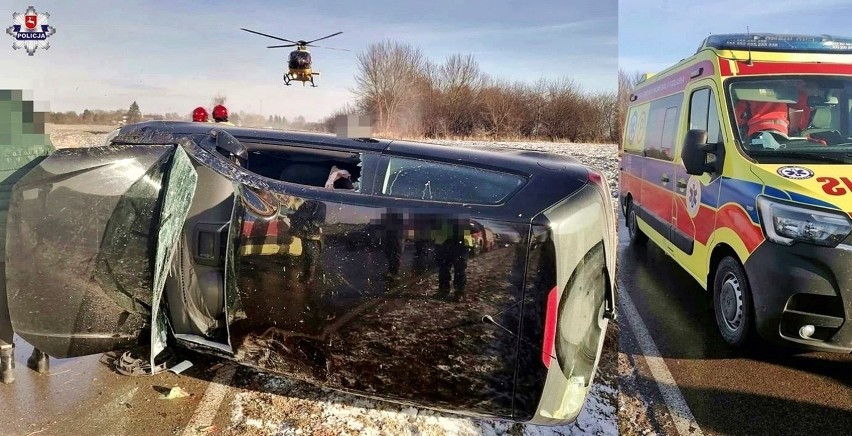 Powiat radzyński. Ślisko na drogach! 69-latek wjechał do rowu i dachował. Trafił do szpitala razem z żoną