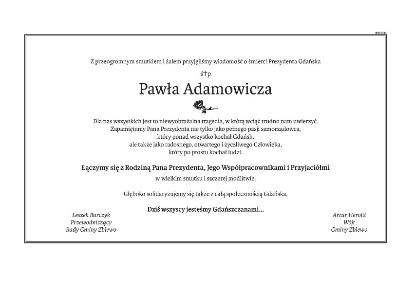Kondolencje po śmierci Pawła Adamowicza, prezydenta Gdańska