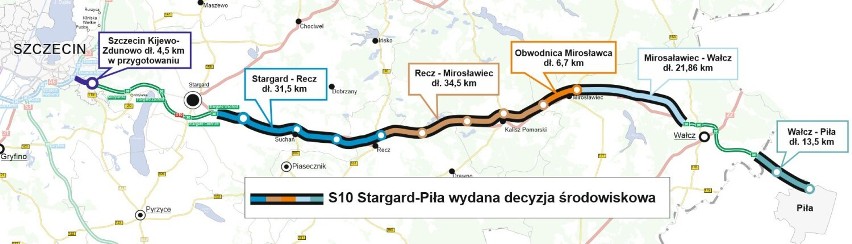 Przebieg S10 na odcinku od Stargardu do Piły
