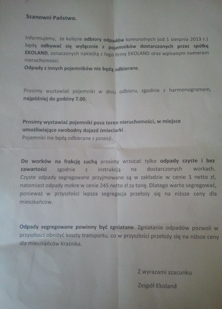 "Rewolucja śmieciowa" w Kraśniku. Takie pismo otrzymał...