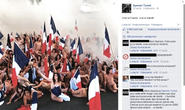 Fotograf Spencer Tunick składa hołd Francji publikuje swoje słynne "nagie" zdjęcia