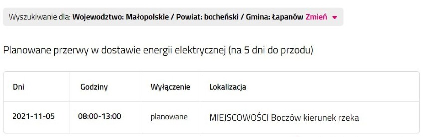 Wyłączenia prądu w powiecie bocheńskim i brzeskim, 2.11.2021