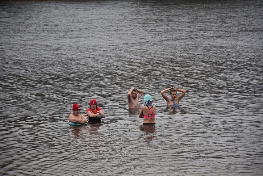 Królewskie Morsy Gniezno w zimnej kąpieli nad Jeziorem Winiary. Im deszcz i wiatr niestraszny! [FOTO]