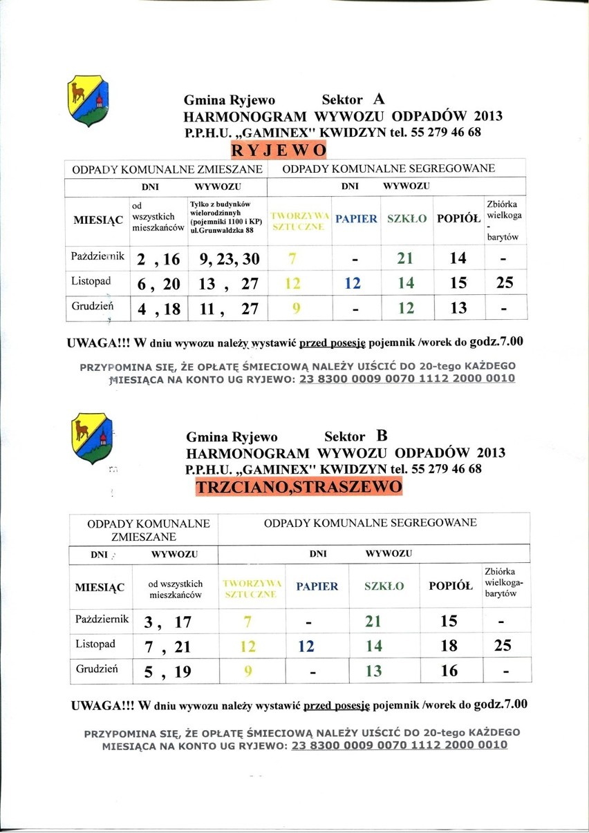 Ryjewo: Sprawdź nowy harmonogram wywozu odpadów. Od 1 października śmieci odbierać będzie Gaminex