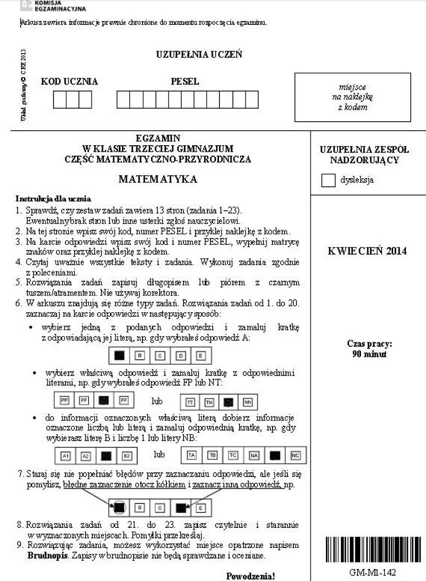 Egzamin gimnazjalny 2014. Matematyka [TESTY, ODPOWIEDZI]