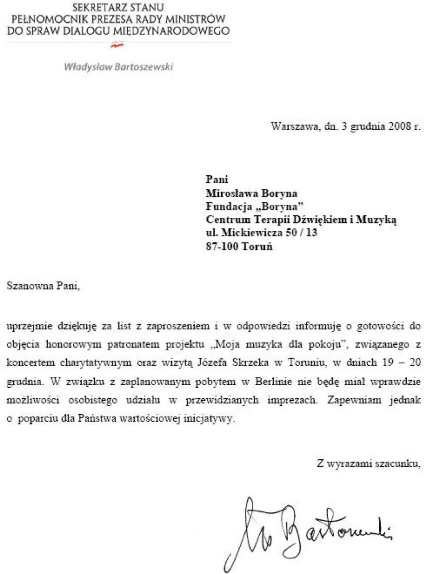 Władysław Bartoszewski objął patronat nad akcją Fundacji...