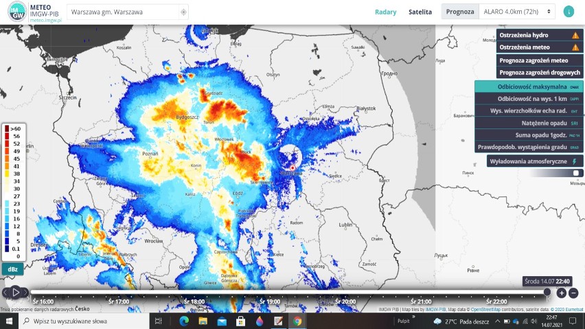Zdjęcie radarowe chmur burzowych nad centralną Polską, także...