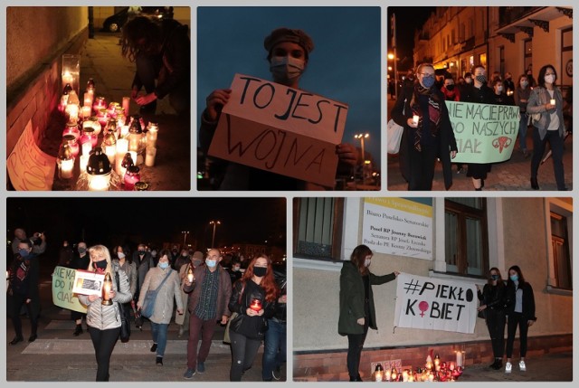 Protest "Pogrzeb praw kobiet" we Włocławku. Znicze pod biurem poselskim Joanny Borowiak (Prawo i Sprawiedliwość)