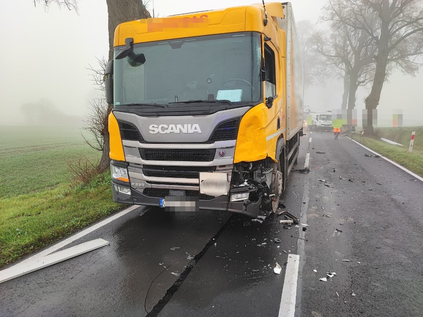 Wypadek na trasie 241 w Lęgniszewie pod Gołańczą. Zderzyły się dwie ciężarówki. Jeden z kierowców próbował uciec. Złapali go świadkowie