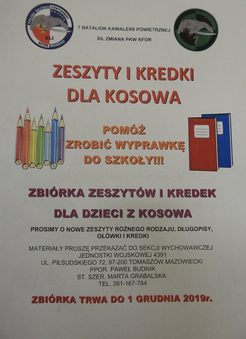 Żołnierze 25. Brygady Kawalerii Powietrznej zbierają pluszaki, zeszyty i kredki dla dzieci w Kosowie