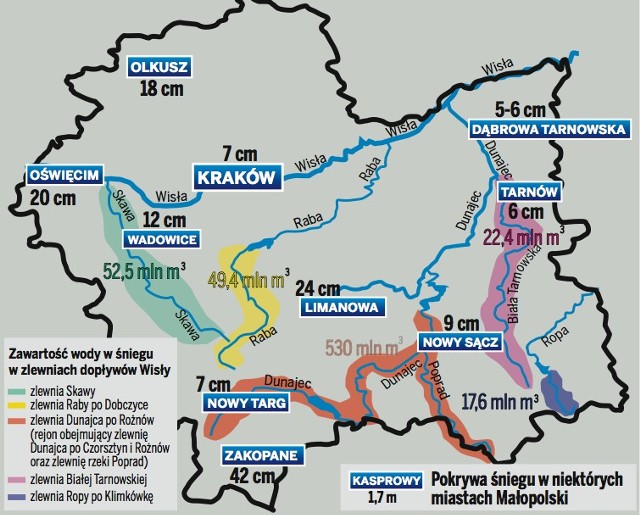 Grubość pokrywy śnieżnej i zawartość wody w śniegu w Małopolsce. Dane ze środy