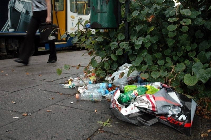 Śmieci przy przystanku na ulicy Przybyszewskiego