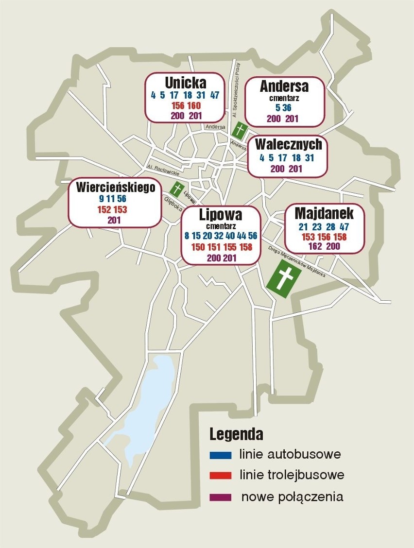 Nekropolie Lublina - połączenia autobusowe  i trolejbusowe