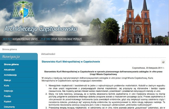 Na witrynie Kurii Metropolitalnej w Częstochowie pojawiło się oświadczenie w sprawie planów finansowania zabiegów in vitro