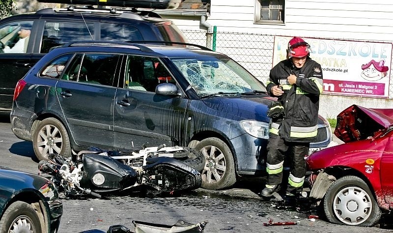 Kamieniec Wrocławski: Wypadek z udziałem dwóch aut i motocyklisty