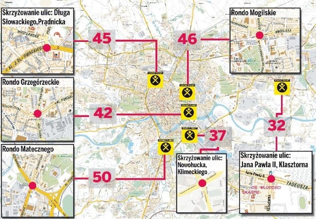 W tych miejscach w Krakowie najczęściej dochodzi do wypadków (na czerwono liczba wypadków w 2012 roku)