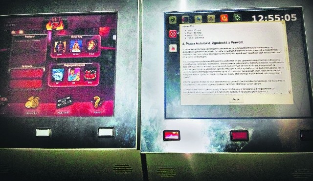 Internetowy kiosk we Wrocławiu. Ekran po prawej: regulamin, ekran po lewej: witamy w świecie gier. Pieniądze są za barem