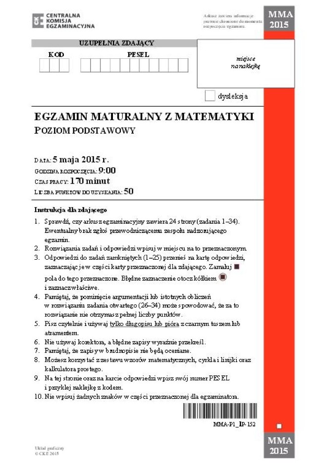 Matura 2015 matematyka [ARKUSZE z liceum] [poziom podstawowy]