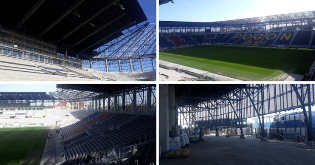 Stadion Pogoni Szczecin - stan prac 12 lutego 2022. Zobacz dużo zdjęć całej inwestycji. Trybuny, dach, parking, murawa  >>>